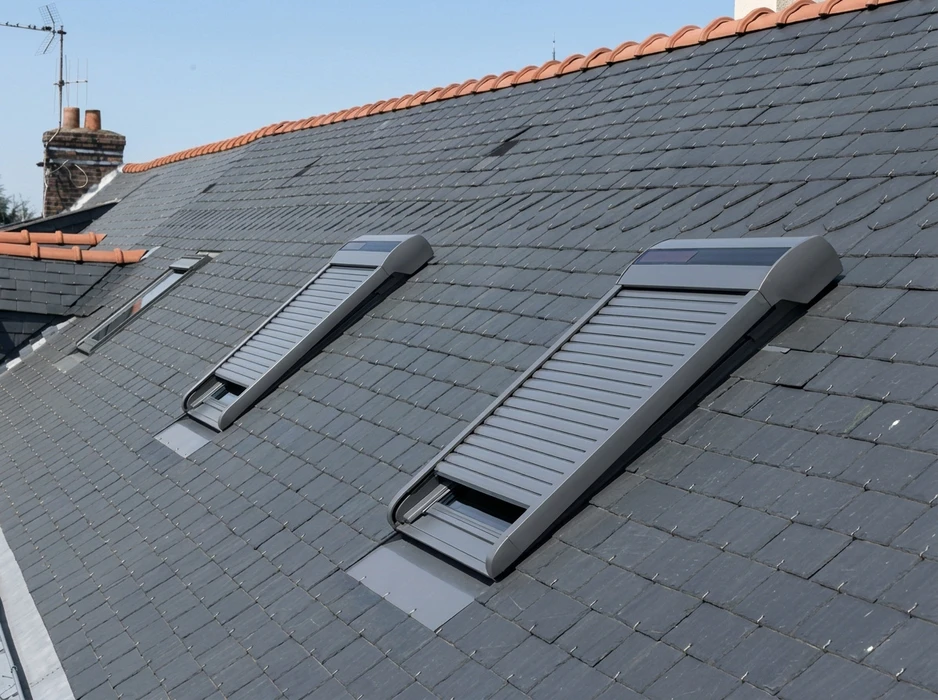 Toiture en ardoise naturelle grise avec deux volets roulants solaires VELUX partiellement déployés sur des fenêtres de toit